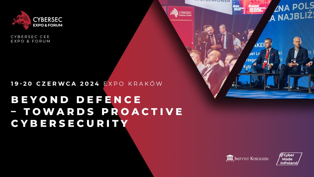 Baner konferencji: zdjęcia prelegentów i uczestników oraz napis: 19-20 czerwca 2024 EXPO Kraków, Beyond Defence - Towards Proactive Cybersecurity.